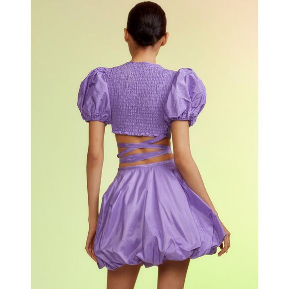 Cynthia Rowley Luna Taffeta Smocked Wrap Tie Top & Bubble Skirt in Purple - Picture 4 of 9